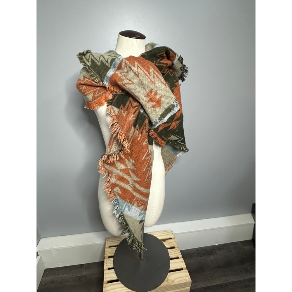 Maurices Southwestern Blanket Scarf Rust Orange Olive Green Geometric Fringe